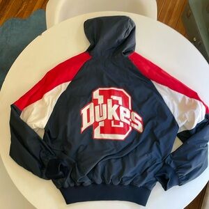 VINTAGE DUQUESNE CROSS COUNTRY WINDBREAKER RUNNING JACKET X-LARGE NAVY RED WHITE